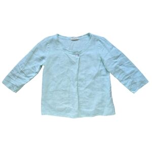 SEA GLASS LANE 100% Linen Blouse Mint Blue Green Mother Of Pearl Button XS